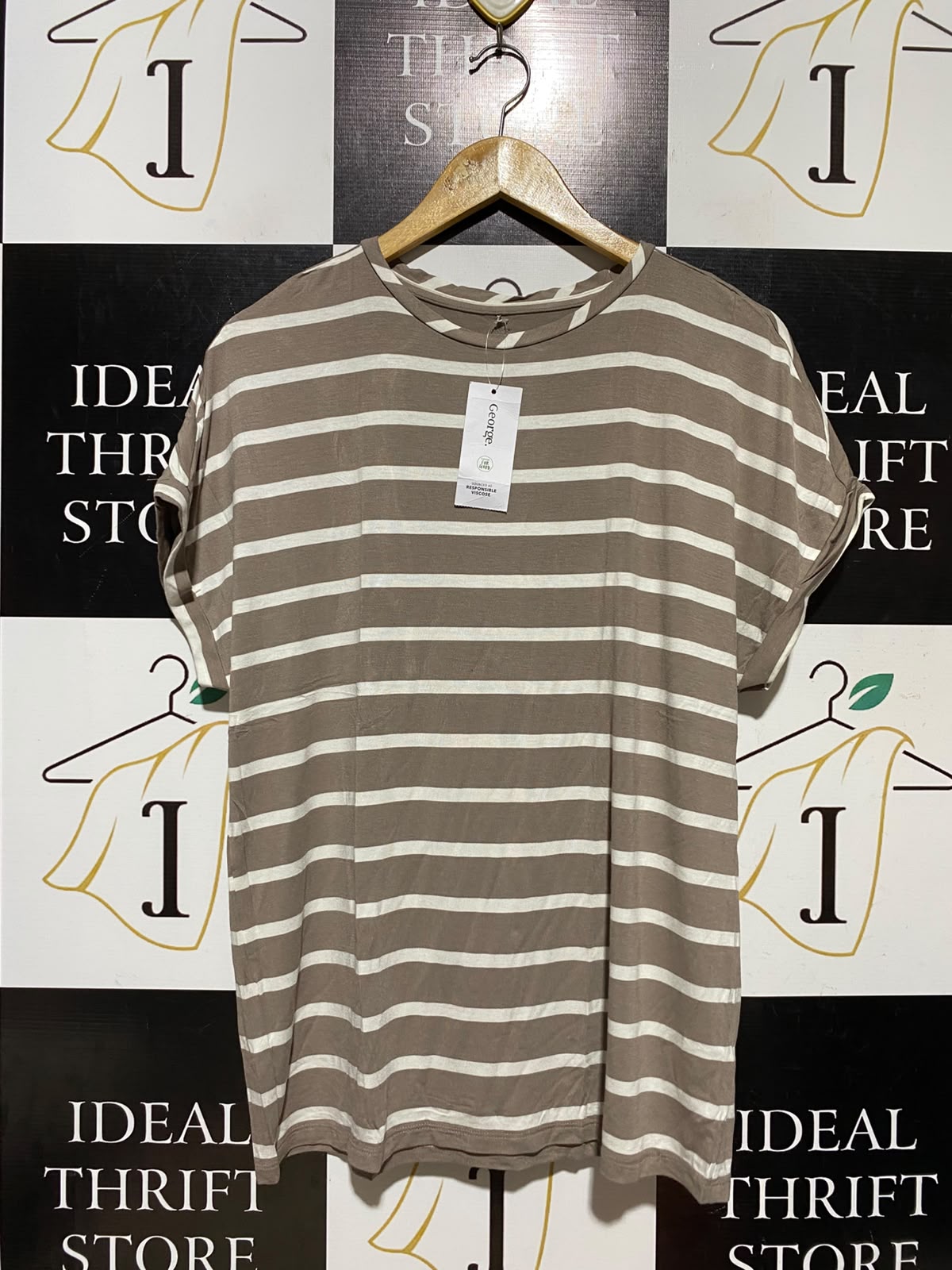 GEORGE |M| BUST 19| A8| STRIPED CULL CUFF SHORT-SLEEVE T-SHIRT - TAUPE BROWN & IVORY