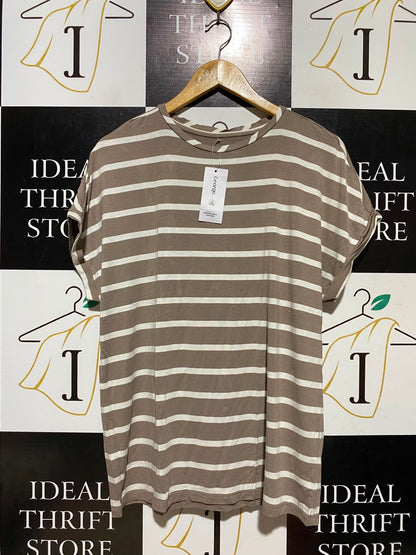 GEORGE |M| BUST 19| A8| STRIPED CULL CUFF SHORT-SLEEVE T-SHIRT - TAUPE BROWN & IVORY