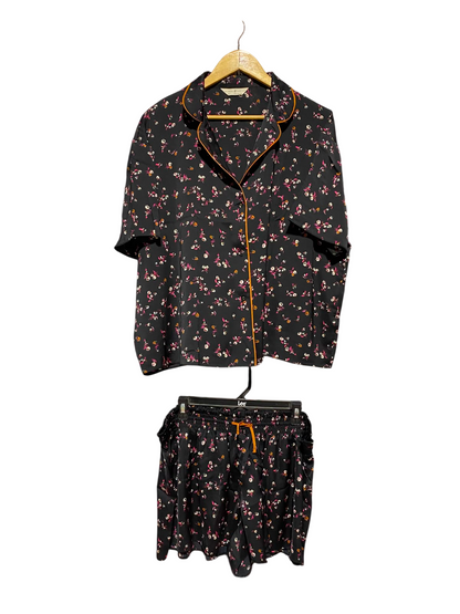 M&S |L| A9| WOMEN'S FLORAL SATIN SHORT SLEEVE PYJAMA SET - BLACK