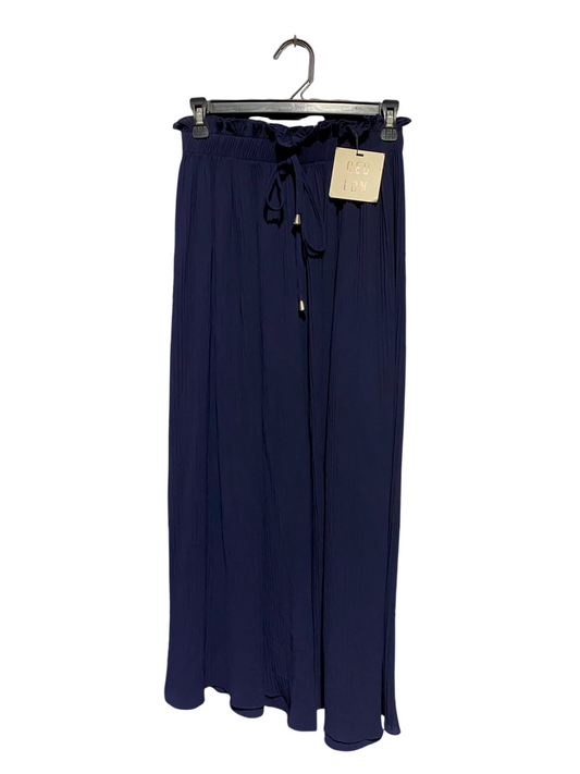 QEO LONDON |S| WAIST 26| A9| PAPERBAG HIGH-WAISTED WIDE-LEG TROUSERS - NAVY BLUE