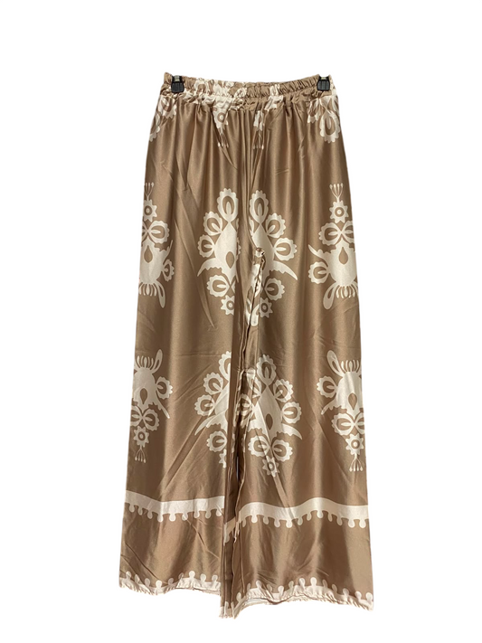 LUCY H |S| WAIST 24| A9| WOMEN'S PRINTED SATIN WIDE-LEG PALAZZO PANTS - GOLDEN BEIGE