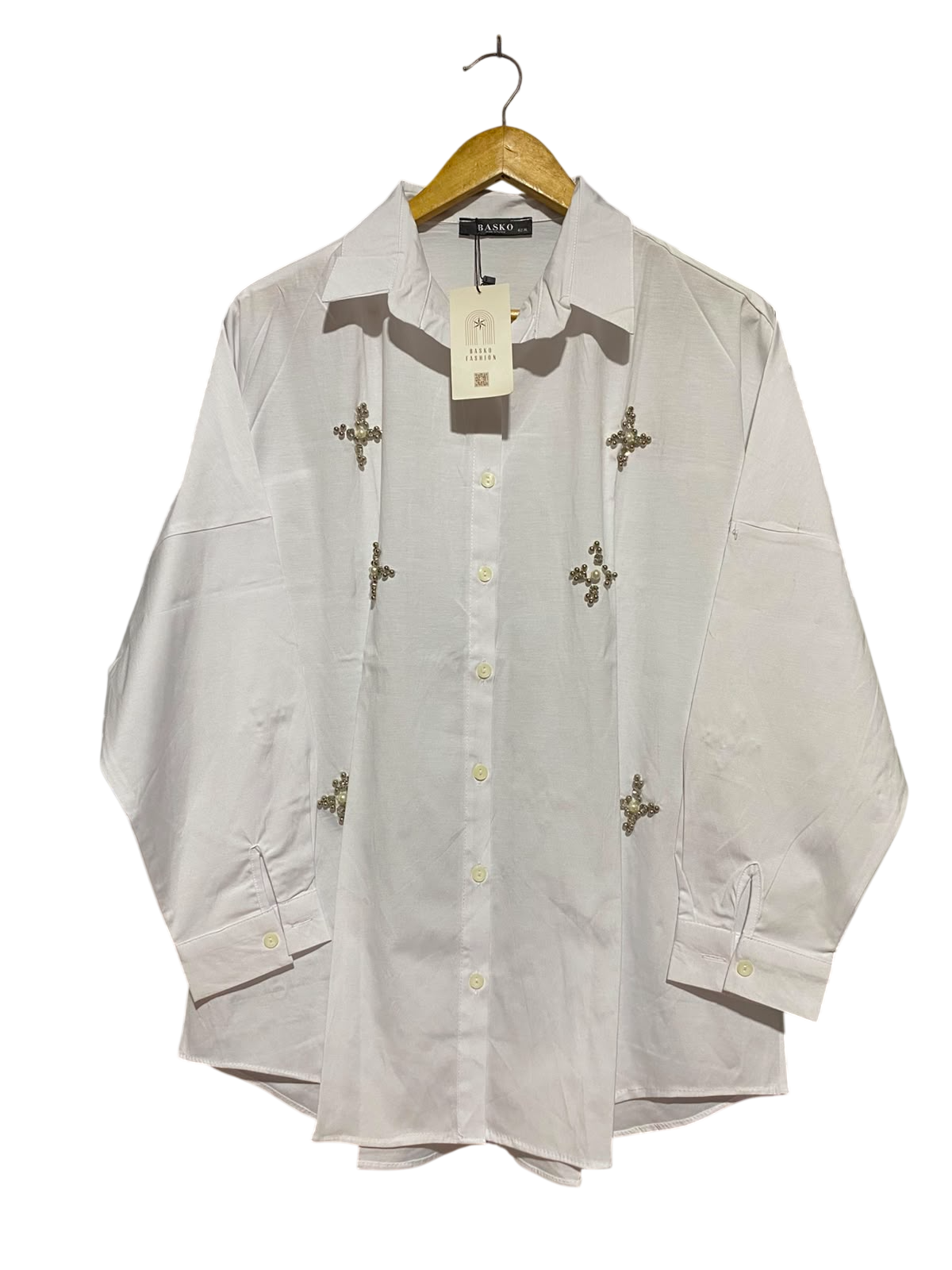 BASKO |XL| BUST FREE| A9| EMBELLISHED PEARL & BEAD MOTIF OVERSIZED BUTTON-DOWN SHIRT - WHITE
