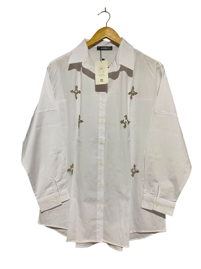 BASKO |XL| BUST FREE| A9| EMBELLISHED PEARL & BEAD MOTIF OVERSIZED BUTTON-DOWN SHIRT - WHITE