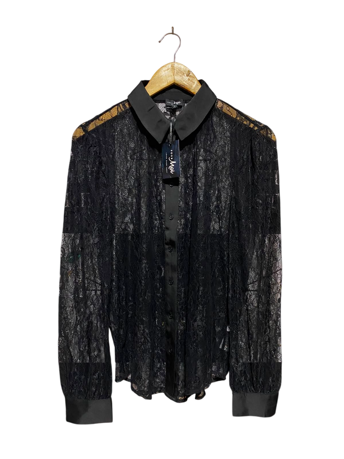 POUR MOI |M| BUST 20| A9| SHEER FLORAL LACE BUTTON-DOWN SHIRT - BLACK