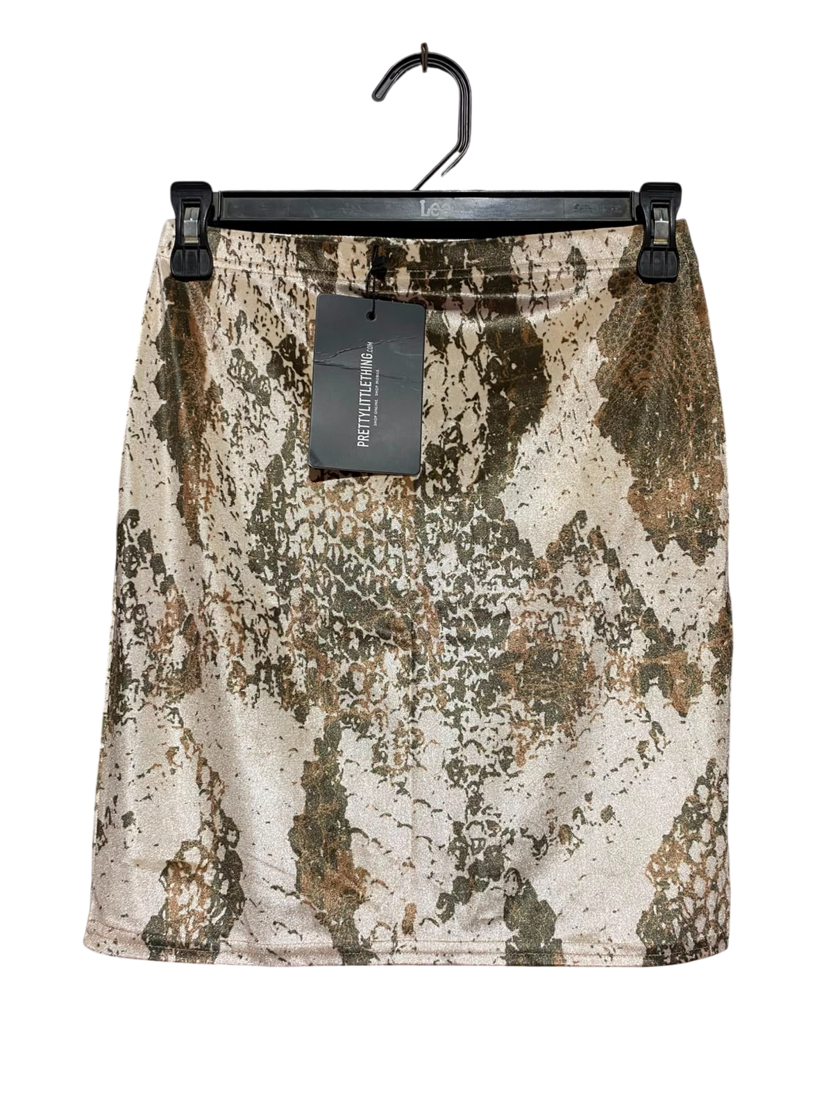 PRETTYLITTLE THING |XS| WAIST 24| A9| METALLIC SNAKESKIN PRINT MINI SKIRT - SHIMMER GOLD & OLIVE