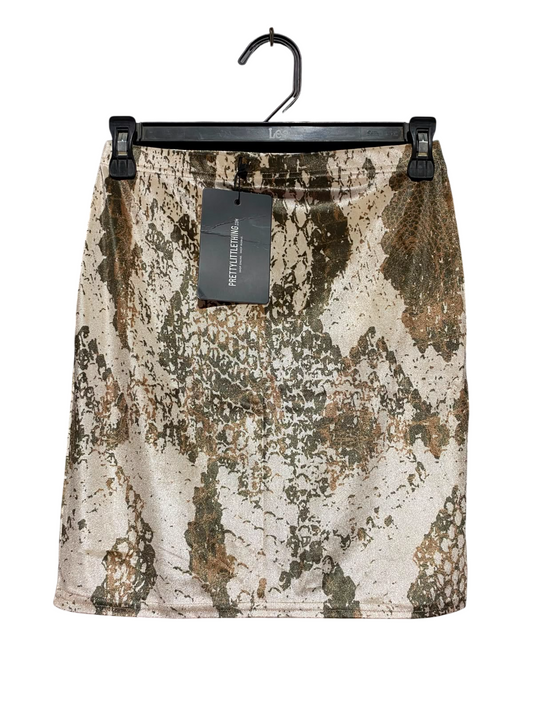 PRETTYLITTLE THING |XS| WAIST 24| A9| METALLIC SNAKESKIN PRINT MINI SKIRT - SHIMMER GOLD & OLIVE