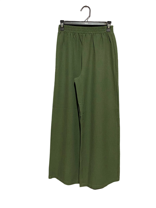 EMERY ROSE |S| WAIST 25| A9| SOLID TEXTURED WIDE-LEG TROUSERS - OLIVE GREEN