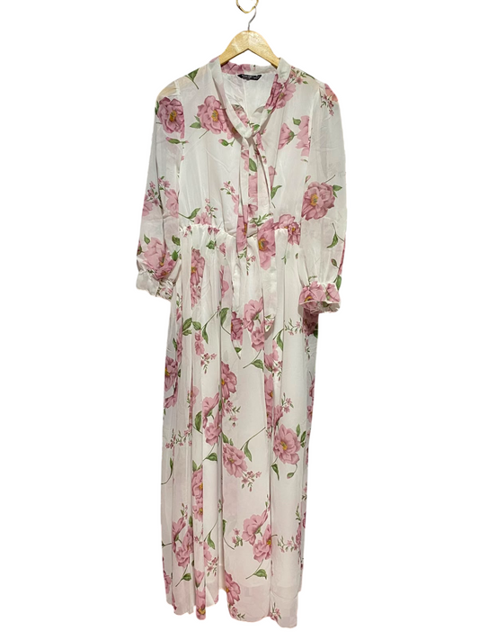 SHEIN CURVE |XL| BUST 18| A11| ROMANTIC FLORAL TIE-NECK CHIFFON MAXI DRESS - WHITE & PINK