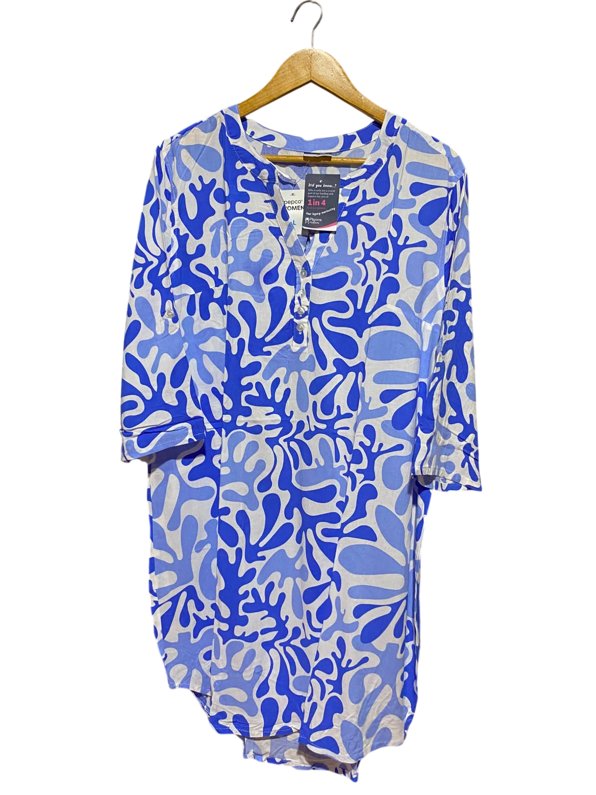 BELOVED |L| BUST 22| A11| ABSTRACT CORAL PRINT HENLEY TUNIC SHIRT - BLUE & WHITE
