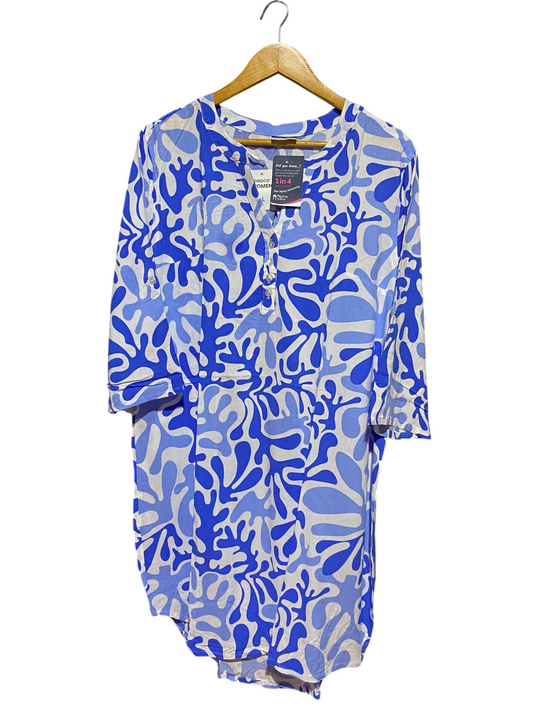 BELOVED |L| BUST 22| A11| ABSTRACT CORAL PRINT HENLEY TUNIC SHIRT - BLUE & WHITE