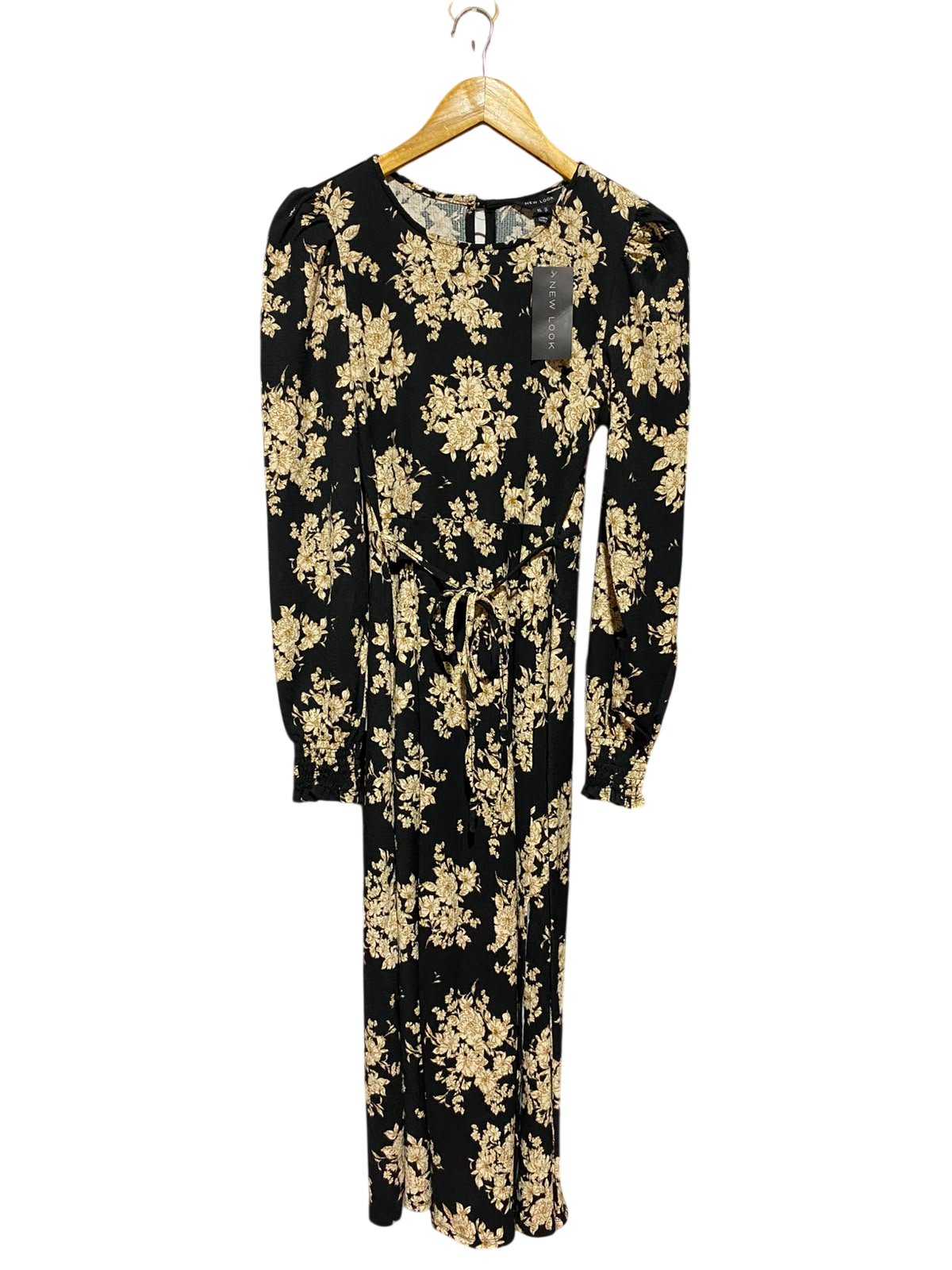 NEW LOOK |M| BUST 12| A11| VINTAGE FLORAL PRINT TIE-WAIST MAXI DRESS - BLACK & GOLD