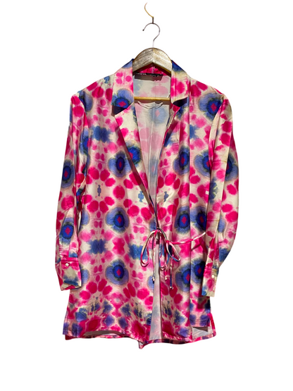 ZARA |XS| BUST 19| A11| VIBRANT TIE-DYE ABSTRACT SATIN BELTED SHIRT - PINK & BLUE