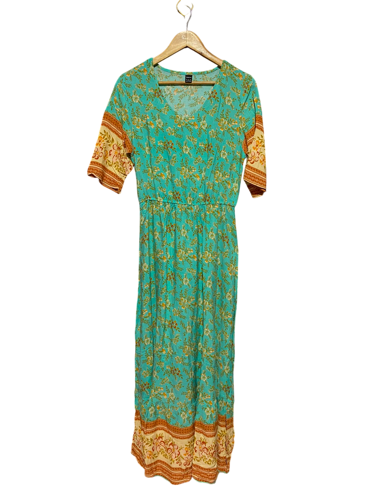 SHEIN |L| BUST 18| A11| BOHEMIAN FLORAL BORDER PRINT SHORT SLEEVE MAXI DRESS - TEAL / TURQUOISE