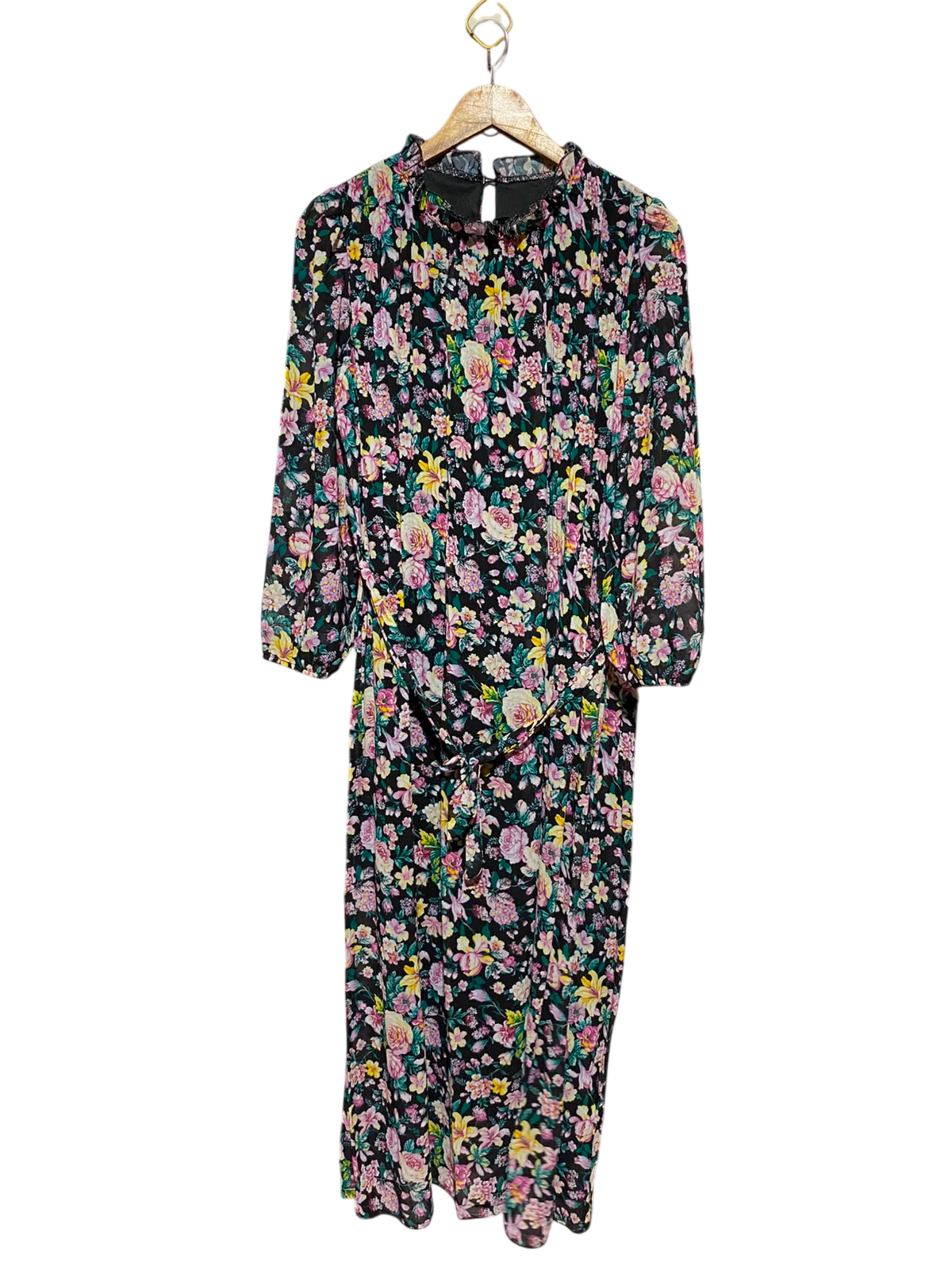 |L| BUST 19| A11| FLORAL PRINT HIGH-NECK TIE-WAIST MIDI DRESS - BLACK MULTI