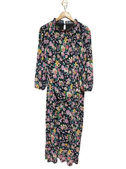 |L| BUST 19| A11| FLORAL PRINT HIGH-NECK TIE-WAIST MIDI DRESS - BLACK MULTI