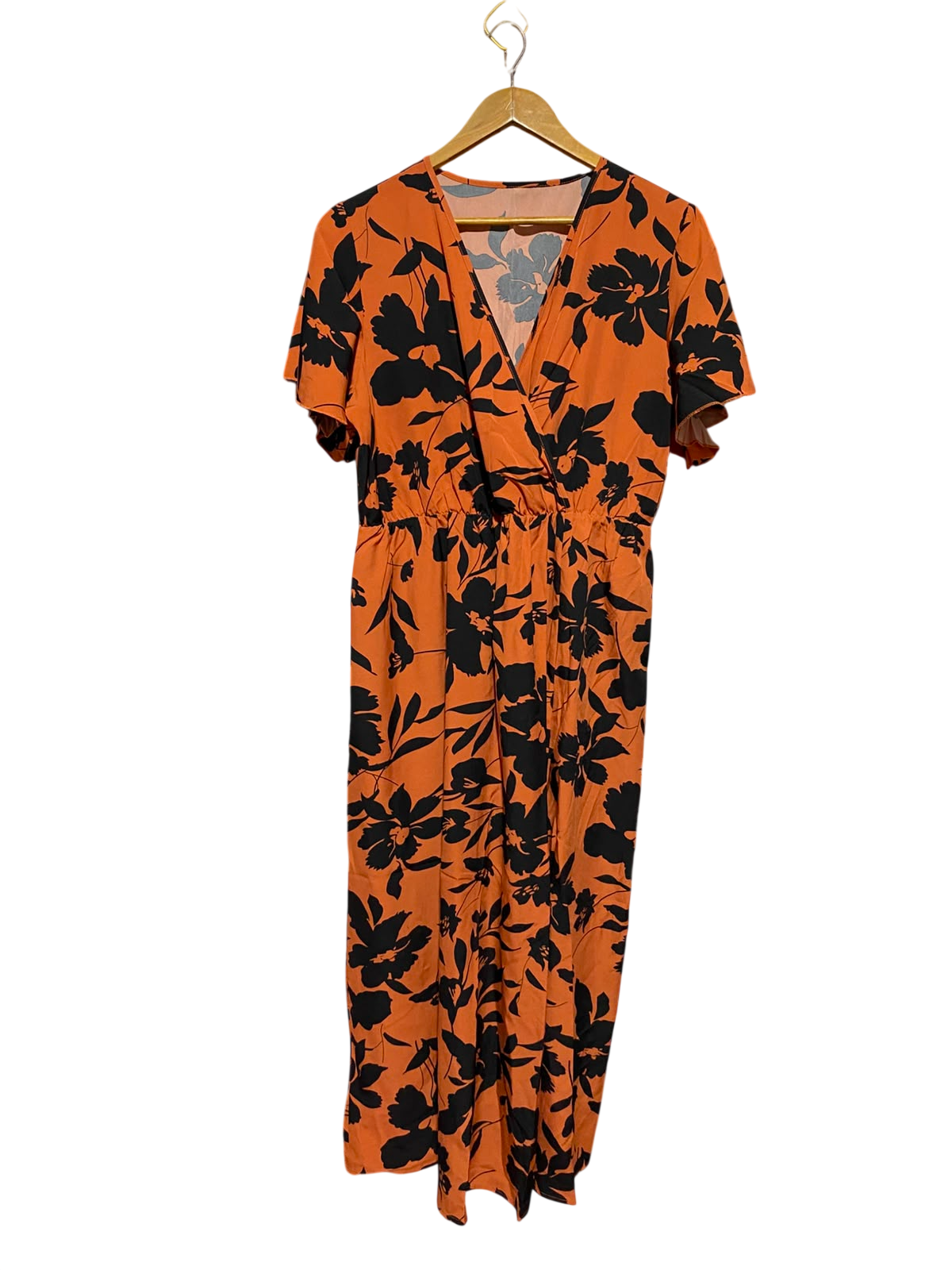SHEIN |XL| BUST 21| A11| FLORAL PRINT SURPLICE V-NECK SHORT SLEEVE MAXI DRESS - ORANGE & BLACK