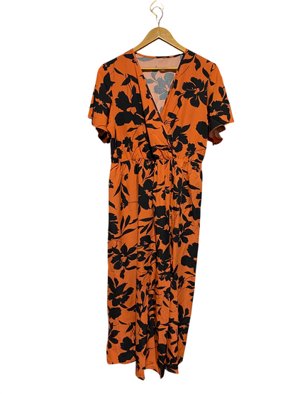 SHEIN |XL| BUST 21| A11| FLORAL PRINT SURPLICE V-NECK SHORT SLEEVE MAXI DRESS - ORANGE & BLACK