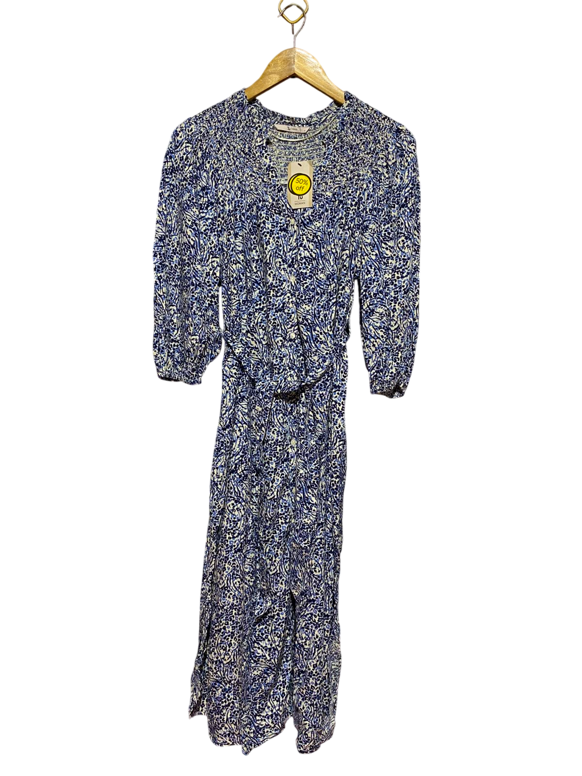 TU WOMAN |M| BUST 18| A11| FLORAL PRINT SMOCKED BUTTON-DOWN MAXI DRESS - BLUE & WHITE