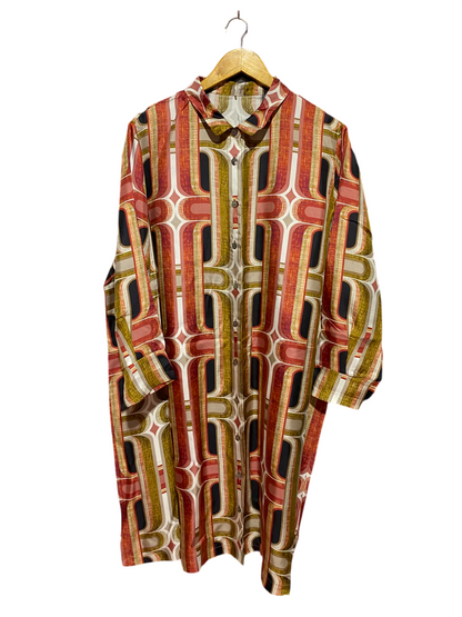 |XXL| BUST 26| A11| RETRO GEOMETRIC PRINT LONG SLEEVE BUTTON-DOWN SHIRT DRESS - MULTICOLOR