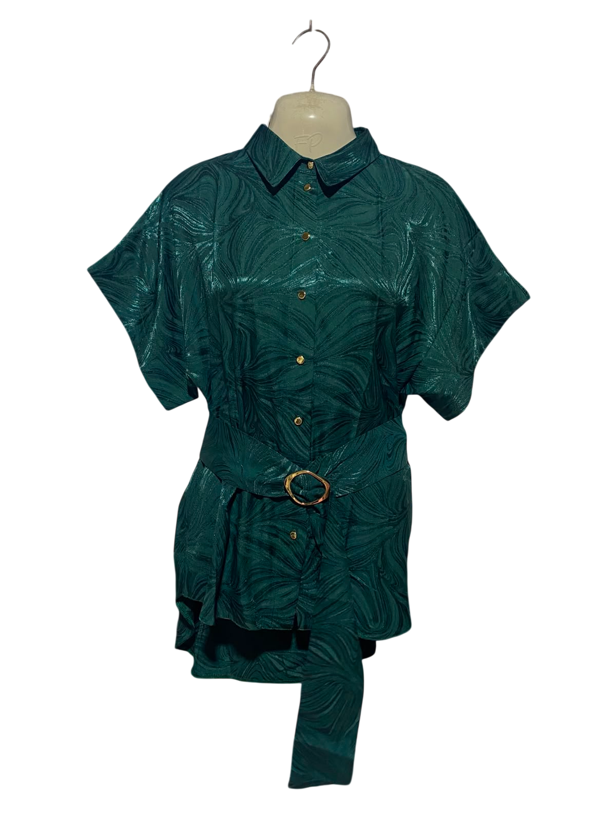 RIVER ISLAND |S| BUST FREE| A11| SHIMMER TEXTURED BELTED BUTTON-DOWN SHIRT - EMERALD GREEN