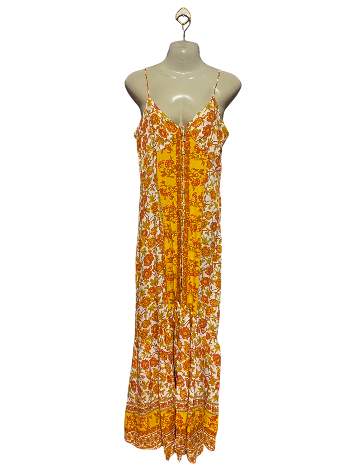 BLUE VANILLA |M| BUST 19| A11| BOHEMIAN FLORAL PRINT BUTTON-FRONT CAMI MAXI DRESS - YELLOW & ORANGE