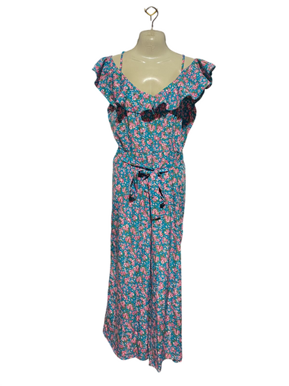 BOOHOO |M| BUST 17| A11| FLORAL PRINT OFF-SHOULDER BELTED JUMPSUIT - TEAL / TURQUOISE