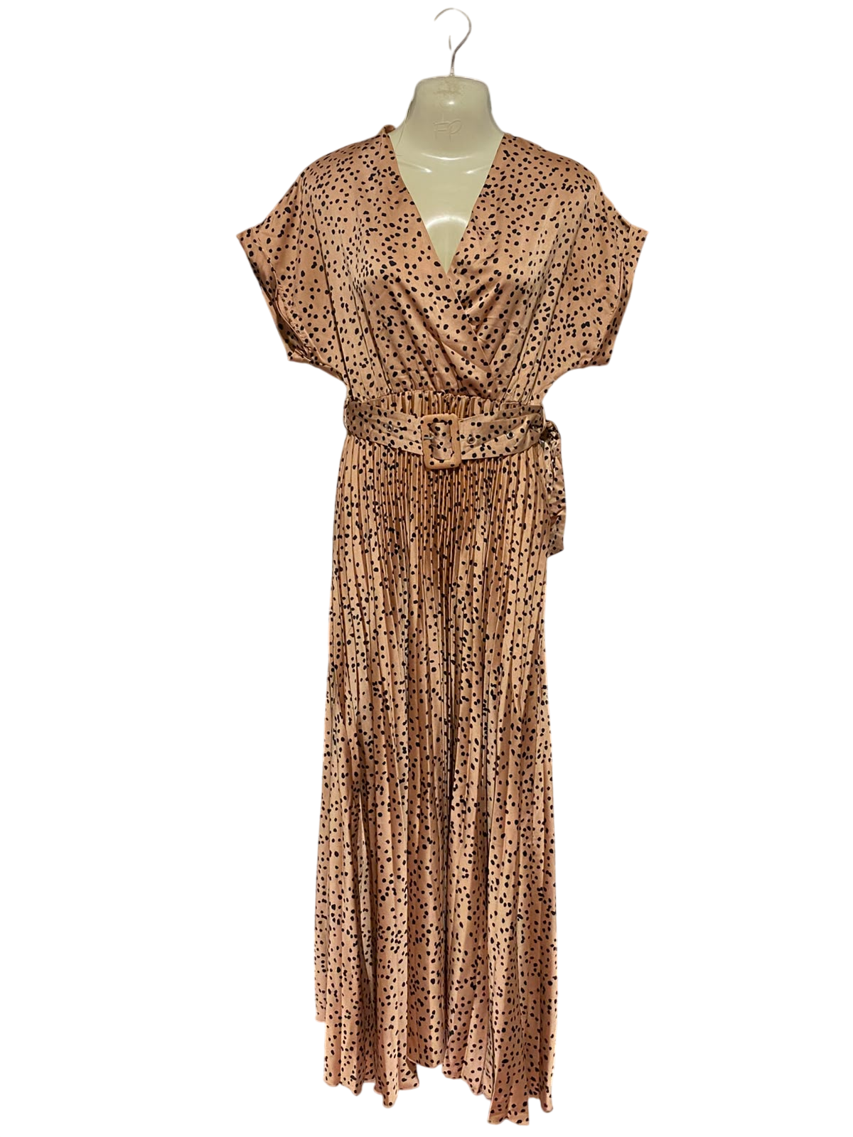 NEW LOOK |S| BUST FREE| A11 | POLKA DOT PLEATED BELTED MAXI DRESS - TAN / BEIGE