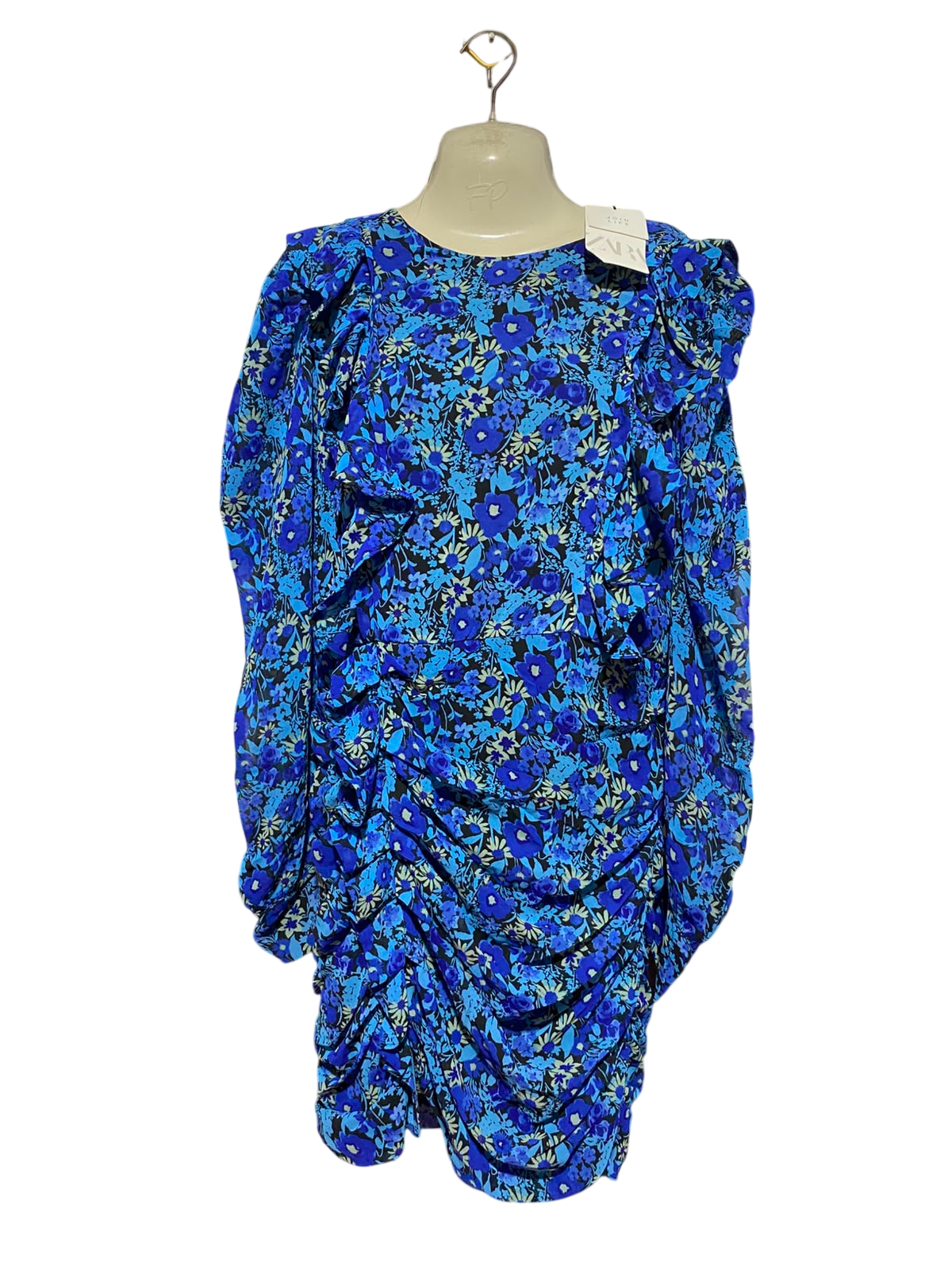 ZARA |XL| BUST 19| A11| FLORAL PRINT RUCHED RUFFLE MINI DRESS - BLUE