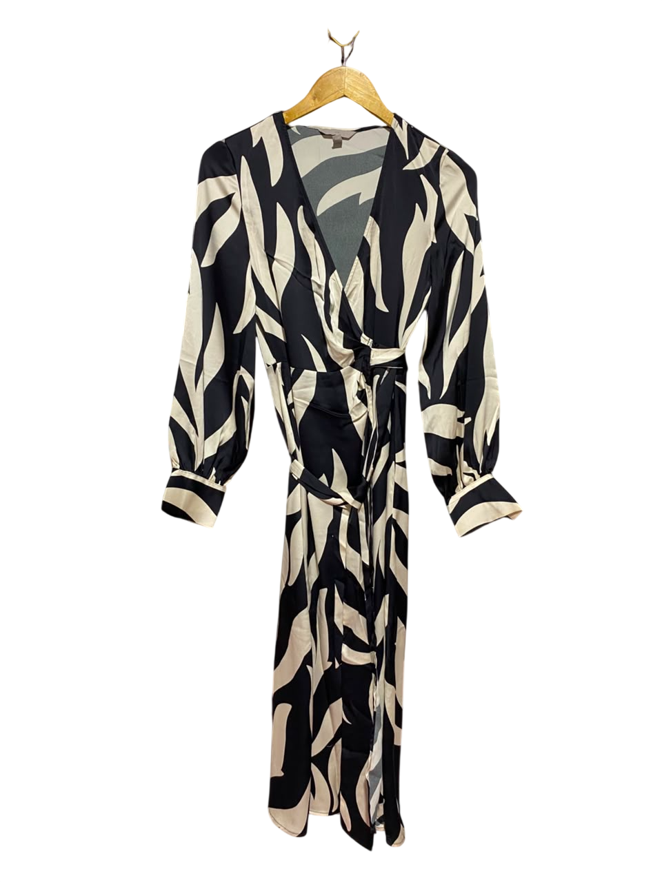 H&M |XS| BUST 16| A11| ABSTRACT PRINT WRAP LONG SLEEVE MIDI DRESS - BLACK & CREAM