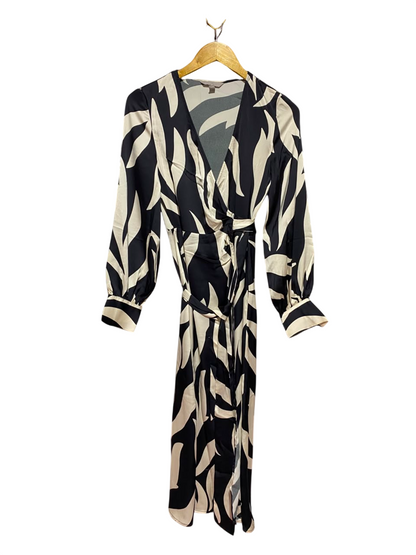 H&M |XS| BUST 16| A11| ABSTRACT PRINT WRAP LONG SLEEVE MIDI DRESS - BLACK & CREAM