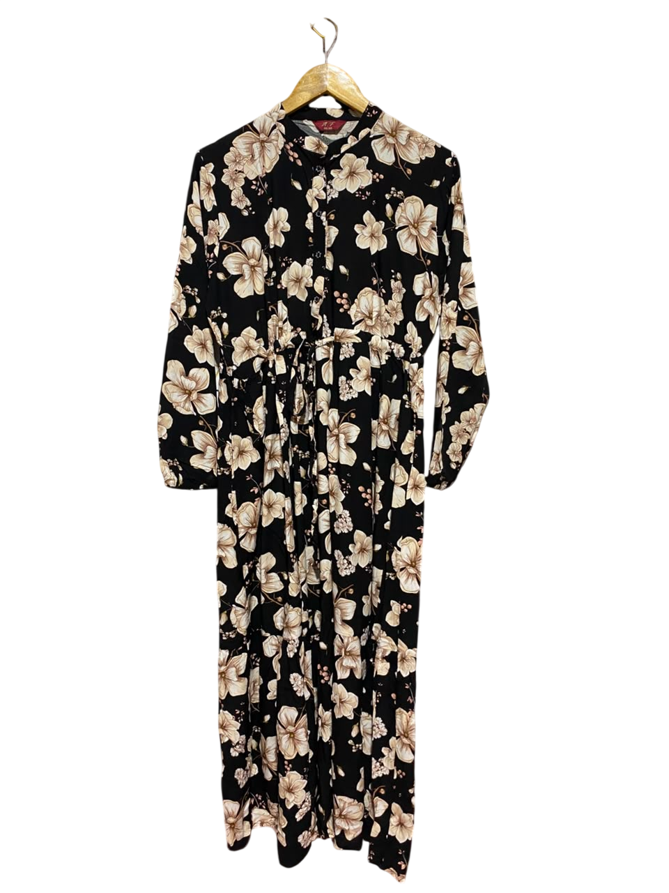 AF |XL| BUST 21| A11| FLORAL PRINT LONG SLEEVE BUTTON-DOWN MAXI DRESS - BLACK & BEIGE