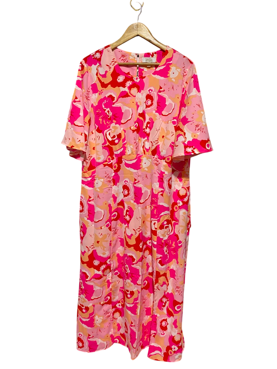 STELLA MORGAN |XL| BUST 22| A11| VIBRANT FLORAL PRINT SHORT SLEEVE MIDI DRESS - PINK & ORANGE