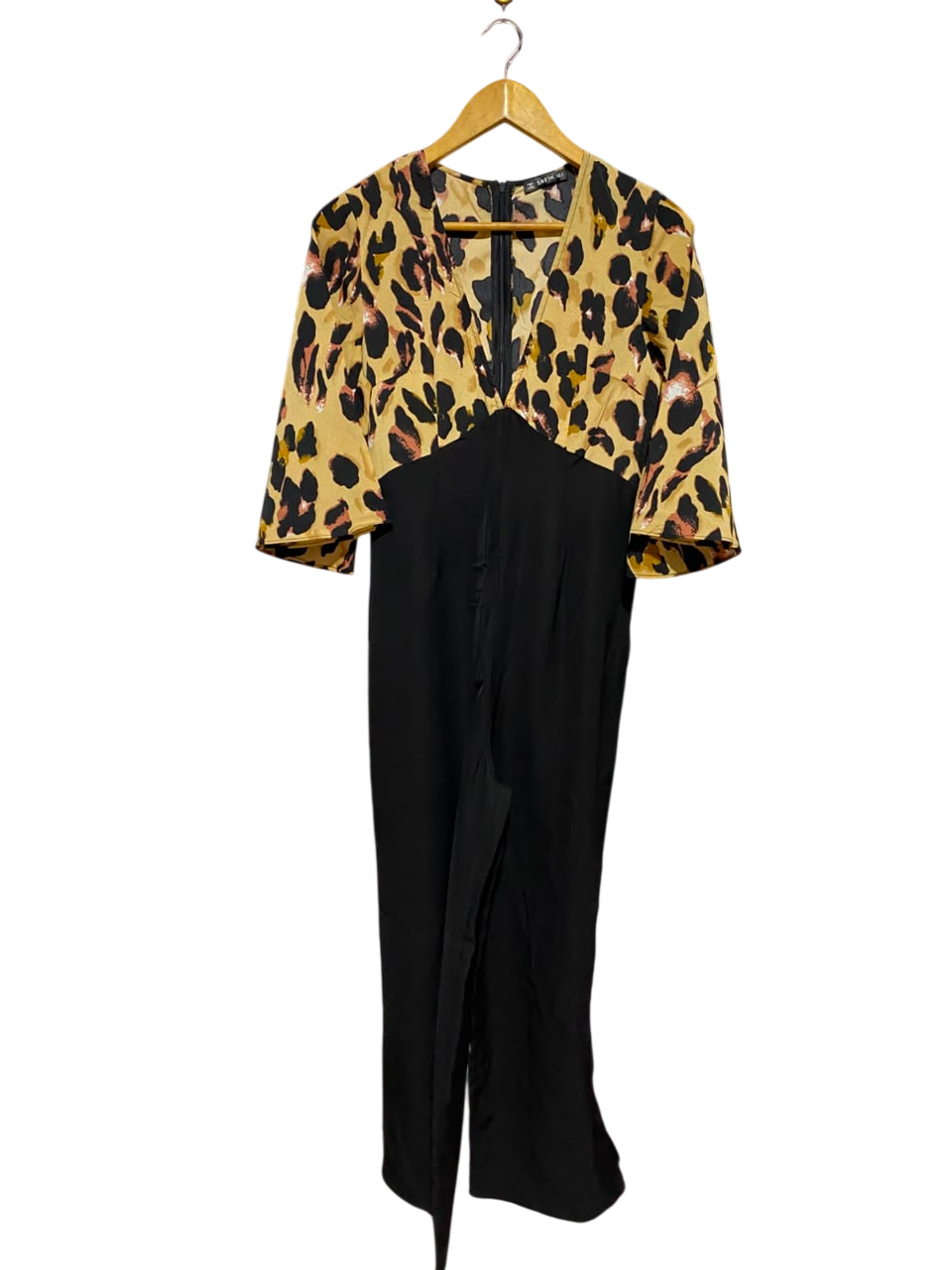 SHEIN |S| BUST 17| A11| LEOPARD PRINT V-NECK COLORBLOCK JUMPSUIT - BLACK & GOLD
