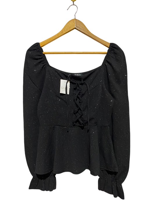 QUIZ |M| BUST 18| A11| LACE-UP FRONT GLITTER PEPLUM TOP - BLACK