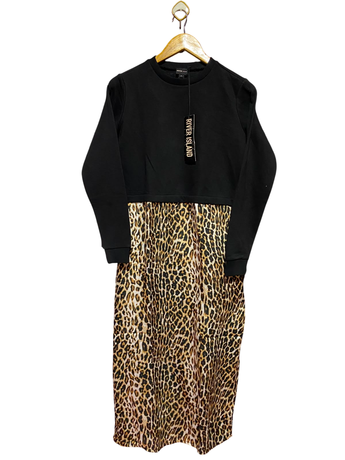 RIVER ISLAND |M| BUST 19| A11| LEOPARD PRINT 2-IN-1 SWEATSHIRT MIDI DRESS - BLACK