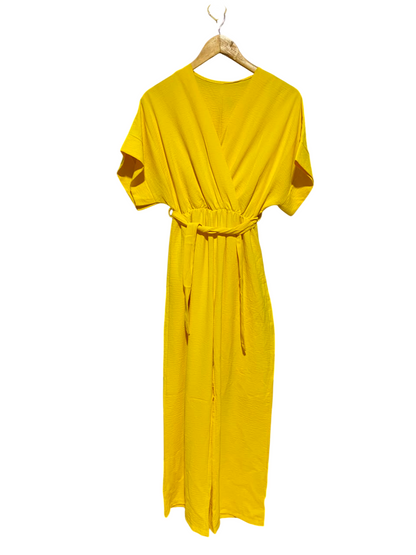 |M| BUST FREE| A11| V-NECK SHORT SLEEVE BELTED JUMPSUIT - BRIGHT YELLOW