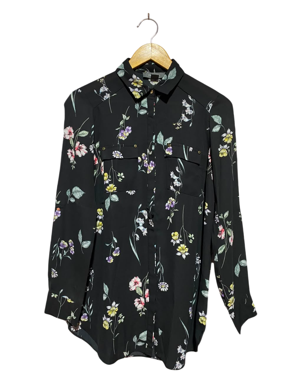 PRIMARK | M| BUST 18| A11| FLORAL PRINT LONG SLEEVE BUTTON-DOWN SHIRT - BLACK