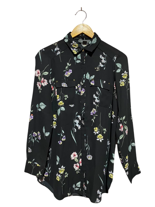 PRIMARK | M| BUST 18| A11| FLORAL PRINT LONG SLEEVE BUTTON-DOWN SHIRT - BLACK