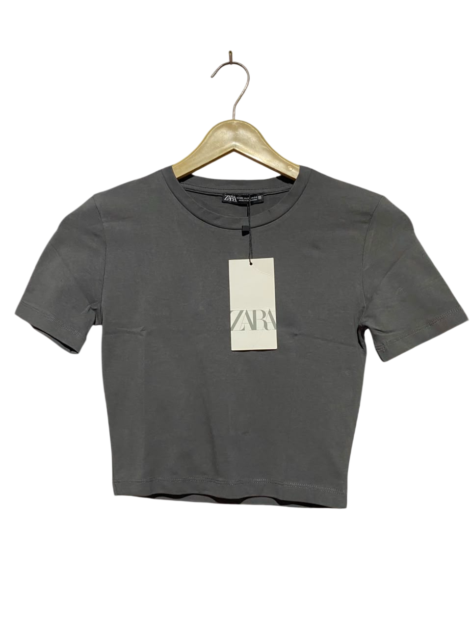 ZARA |XS| BUST 14| A11| SOLID CREW NECK CROPPED T-SHIRT - CHARCOAL GREY