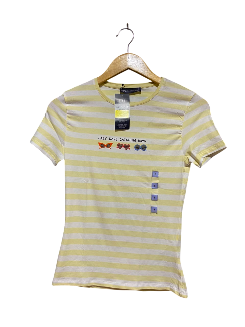 M&S |S| BUST 14| A11| STRIPED GRAPHIC CREW NECK T-SHIRT - YELLOW & WHITE