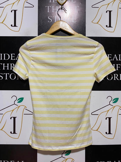 M&S |S| BUST 14| A11| STRIPED GRAPHIC CREW NECK T-SHIRT - YELLOW & WHITE