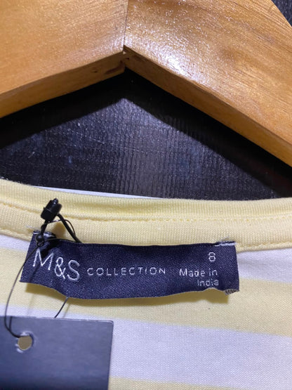 M&S |S| BUST 14| A11| STRIPED GRAPHIC CREW NECK T-SHIRT - YELLOW & WHITE
