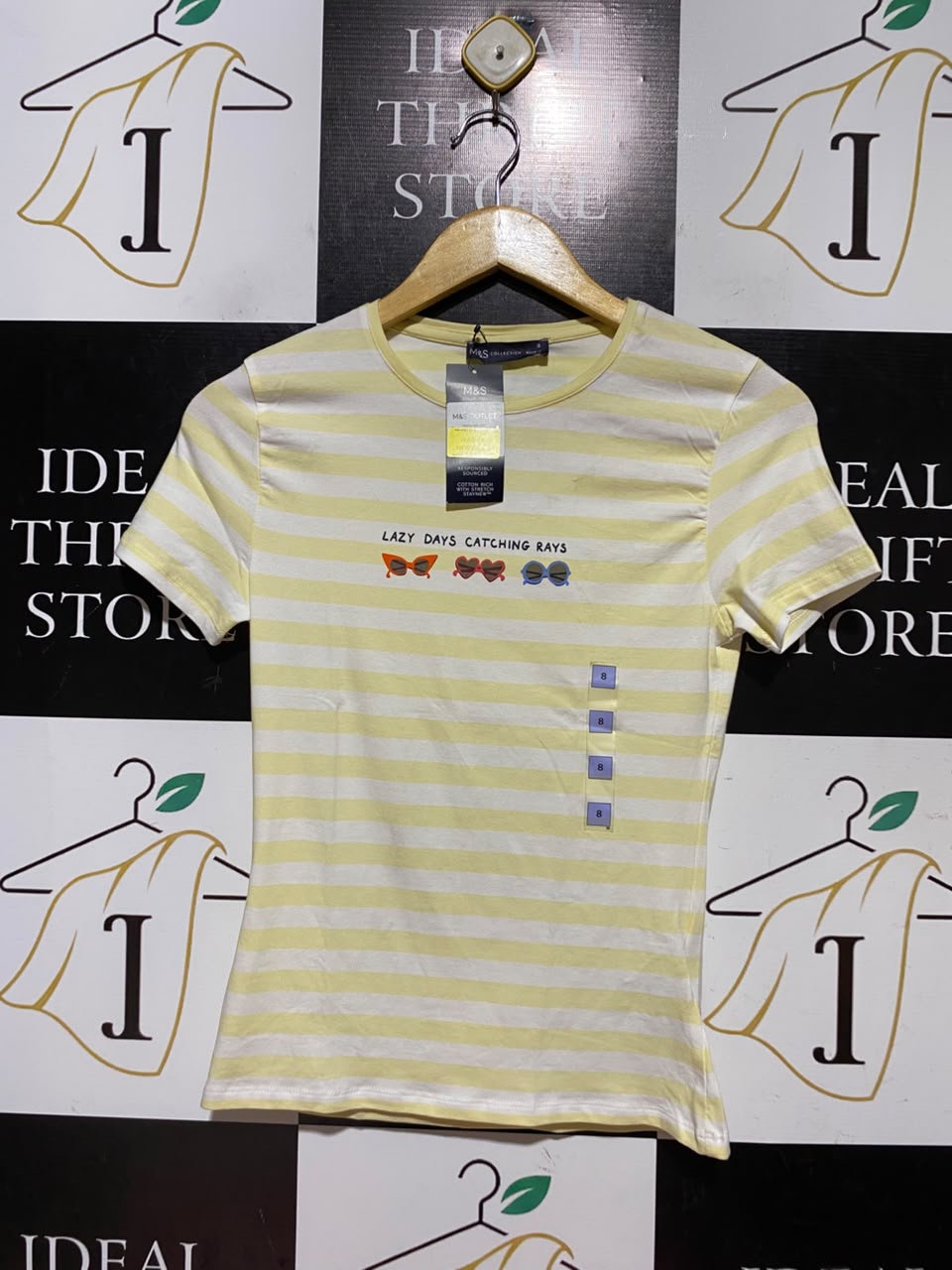 M&S |S| BUST 14| A11| STRIPED GRAPHIC CREW NECK T-SHIRT - YELLOW & WHITE