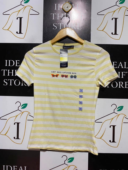 M&S |S| BUST 14| A11| STRIPED GRAPHIC CREW NECK T-SHIRT - YELLOW & WHITE