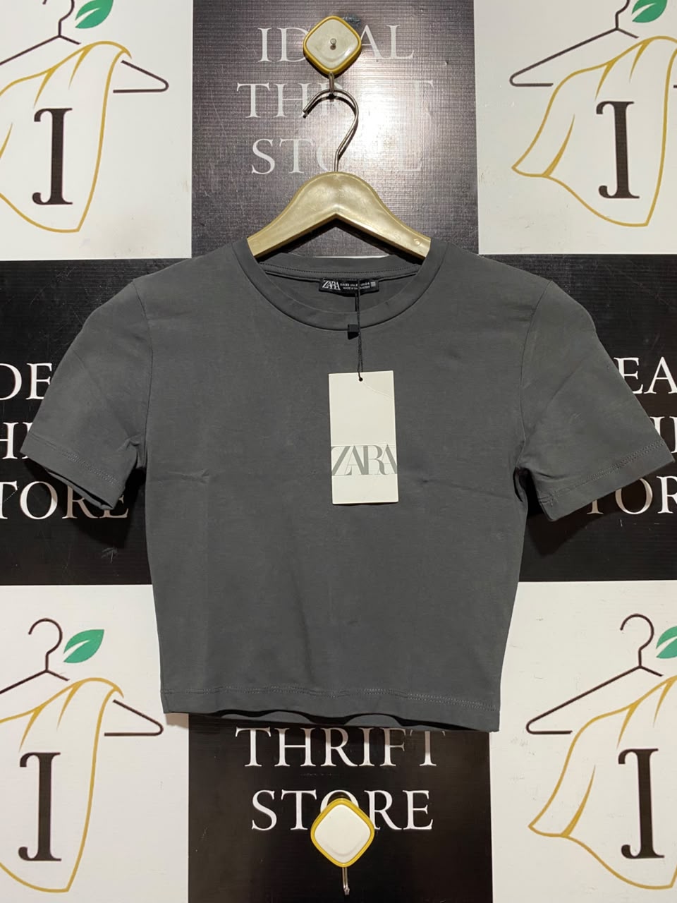 ZARA |XS| BUST 14| A11| SOLID CREW NECK CROPPED T-SHIRT - CHARCOAL GREY