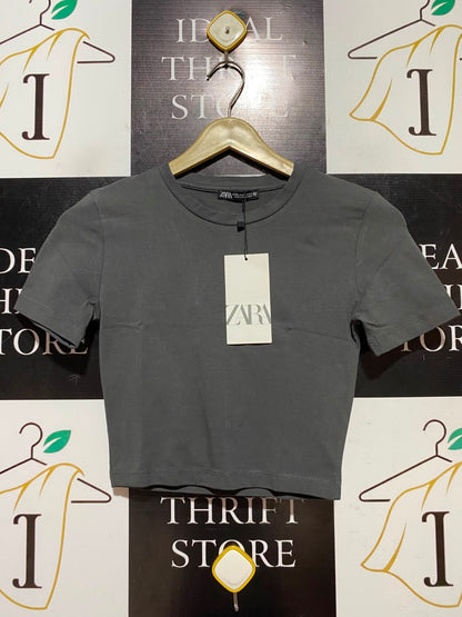 ZARA |XS| BUST 14| A11| SOLID CREW NECK CROPPED T-SHIRT - CHARCOAL GREY