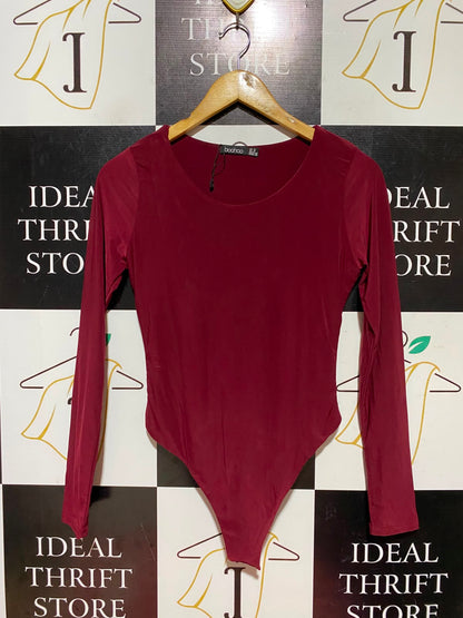 BOOHOO |M| BUST 15| A11| LONG SLEEVE SOLID BODYSUIT - BURGUNDY / MAROON