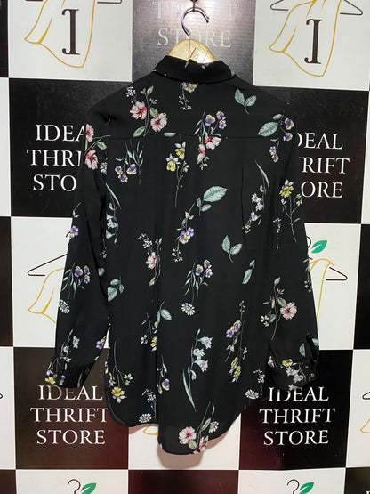 PRIMARK | M| BUST 18| A11| FLORAL PRINT LONG SLEEVE BUTTON-DOWN SHIRT - BLACK