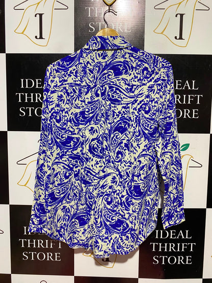 NEW LOOK |M| BUST 19 | A11| PAISLEY / SWIRL PRINT LONG SLEEVE BUTTON-DOWN SHIRT - BLUE & CREAM