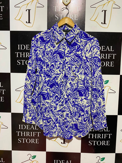 NEW LOOK |M| BUST 19 | A11| PAISLEY / SWIRL PRINT LONG SLEEVE BUTTON-DOWN SHIRT - BLUE & CREAM